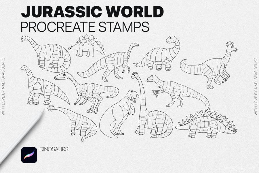 Procreate笔刷-侏罗纪公园的恐龙线条插画Procreate笔刷素材 笔刷资源 第4张