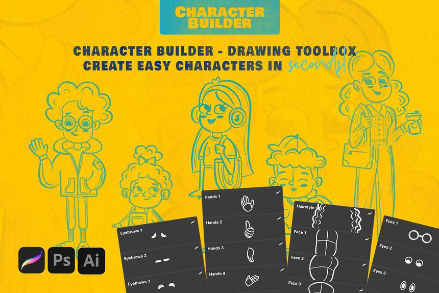 笔刷资源-卡通人物角色创作ai, ps, procreate笔刷工具素材包 笔刷资源 第4张