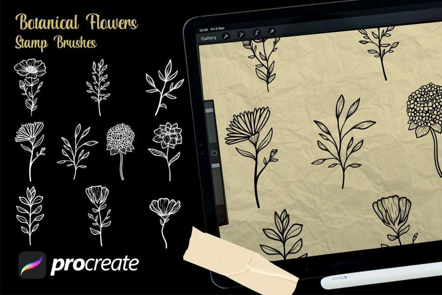 Procreate笔刷-植物花卉图案线条Procreate笔刷素材资源 笔刷资源 第4张