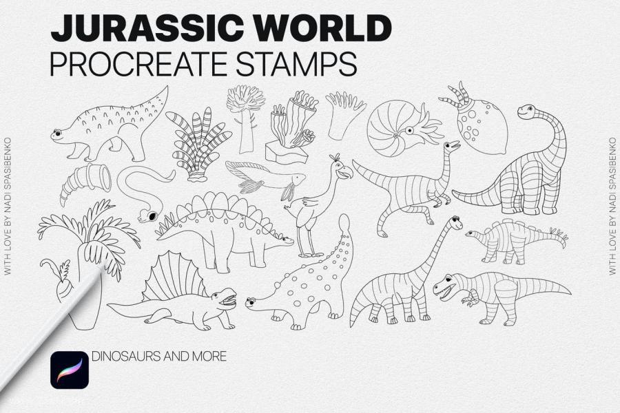 Procreate笔刷-侏罗纪公园的恐龙线条插画Procreate笔刷素材 笔刷资源 第5张