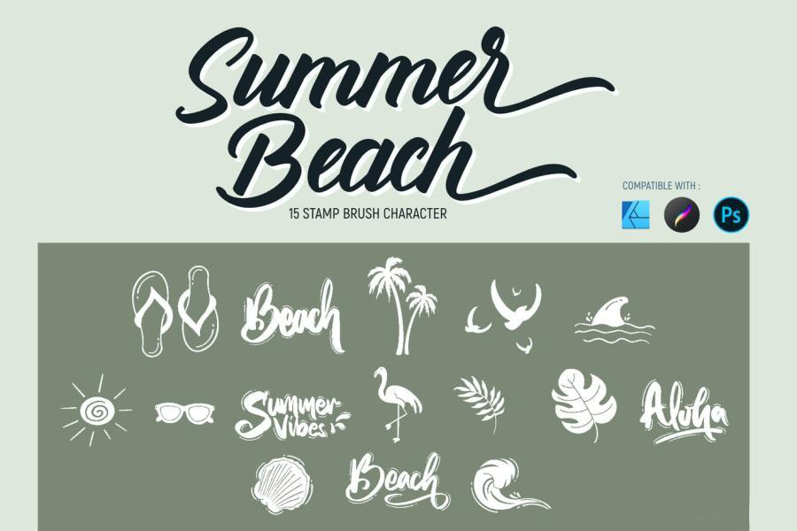 笔刷资源-卡通手绘夏季海滩海浪度假主题图案ps和procreate笔刷素材 笔刷资源 第3张