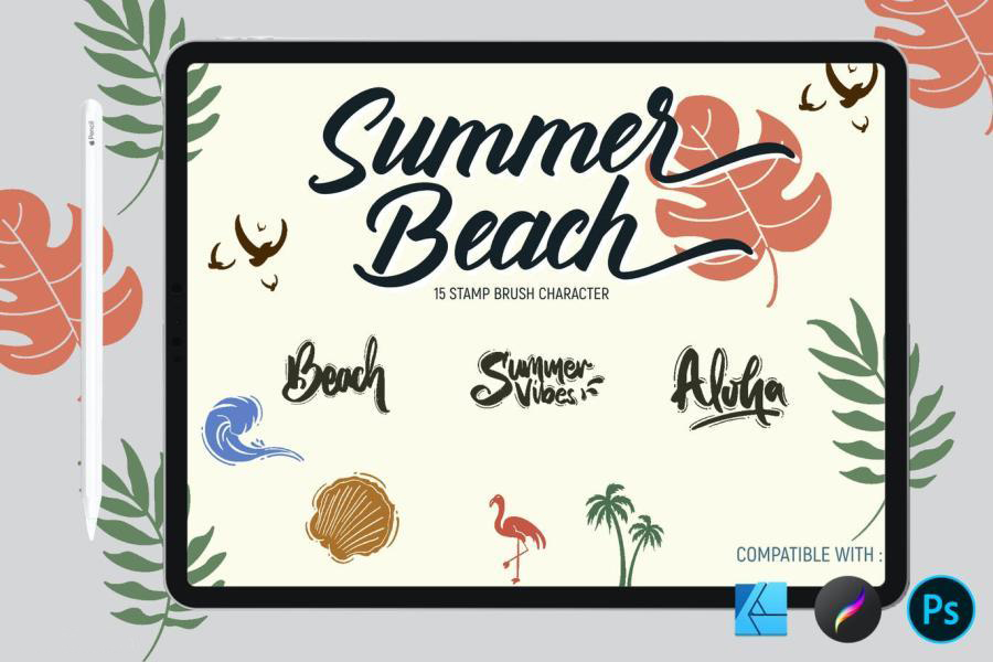笔刷资源-卡通手绘夏季海滩海浪度假主题图案ps和procreate笔刷素材 笔刷资源 第1张