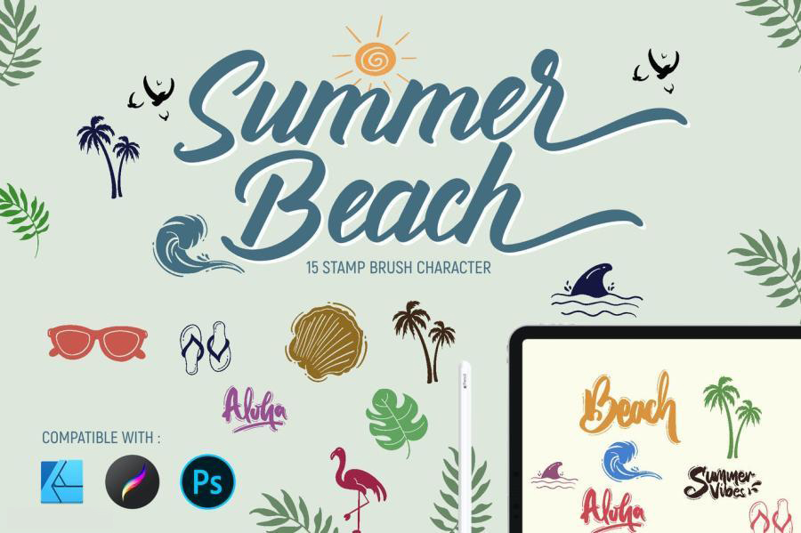 笔刷资源-卡通手绘夏季海滩海浪度假主题图案ps和procreate笔刷素材 笔刷资源 第2张