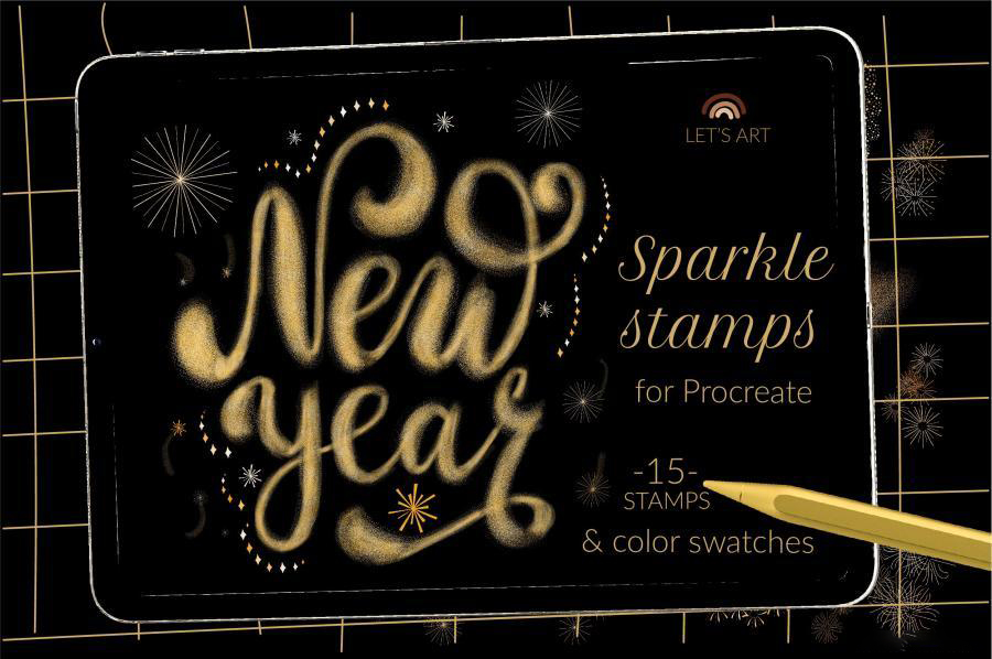 procreate笔刷-金色闪光新年庆祝主题闪耀烟花效果笔刷素材 笔刷资源 第1张