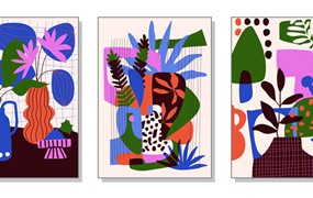 6套抽象花卉室内彩色插画矢量素材