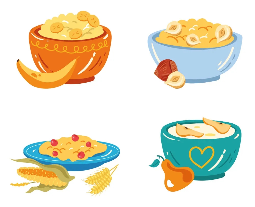 5款营养早餐麦片牛奶香蕉和坚果矢量插图 图片素材 第2张