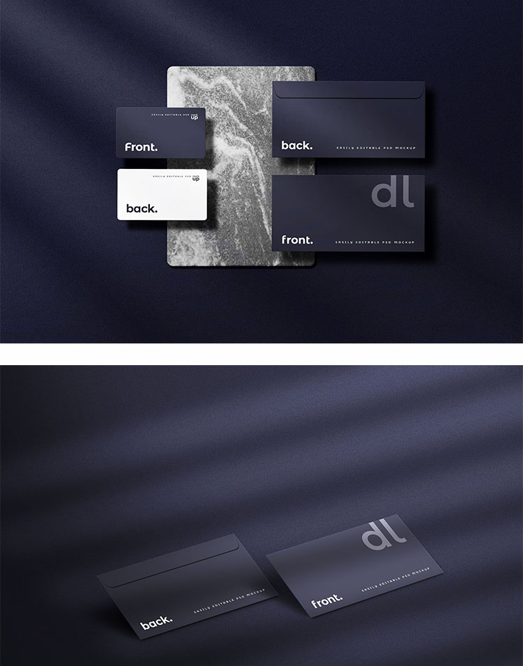 高端黑色办公用品名片信封卡片VI智能贴图样机PSD设计模板 图片素材 第2张