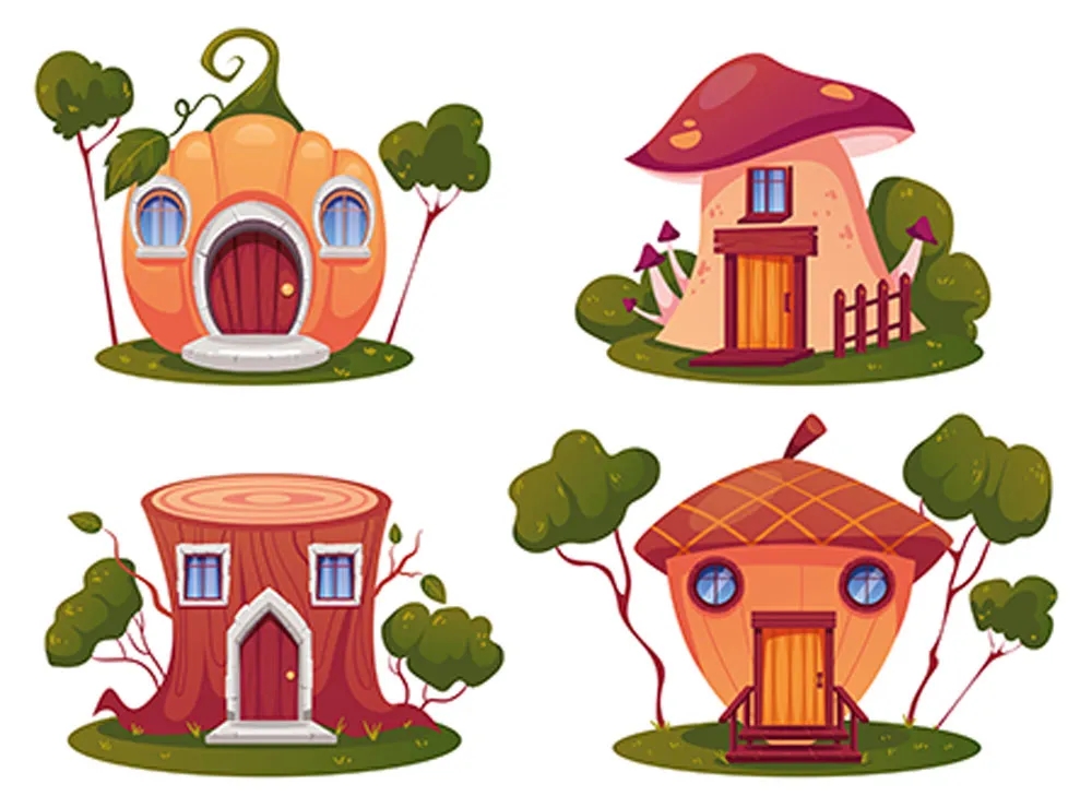 7款童话精灵小矮人房屋和中世纪街道房屋插图矢量素材 图片素材 第1张