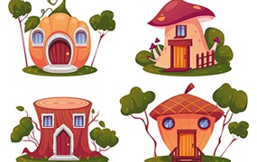 7款童话精灵小矮人房屋和中世纪街道房屋插图矢量素材