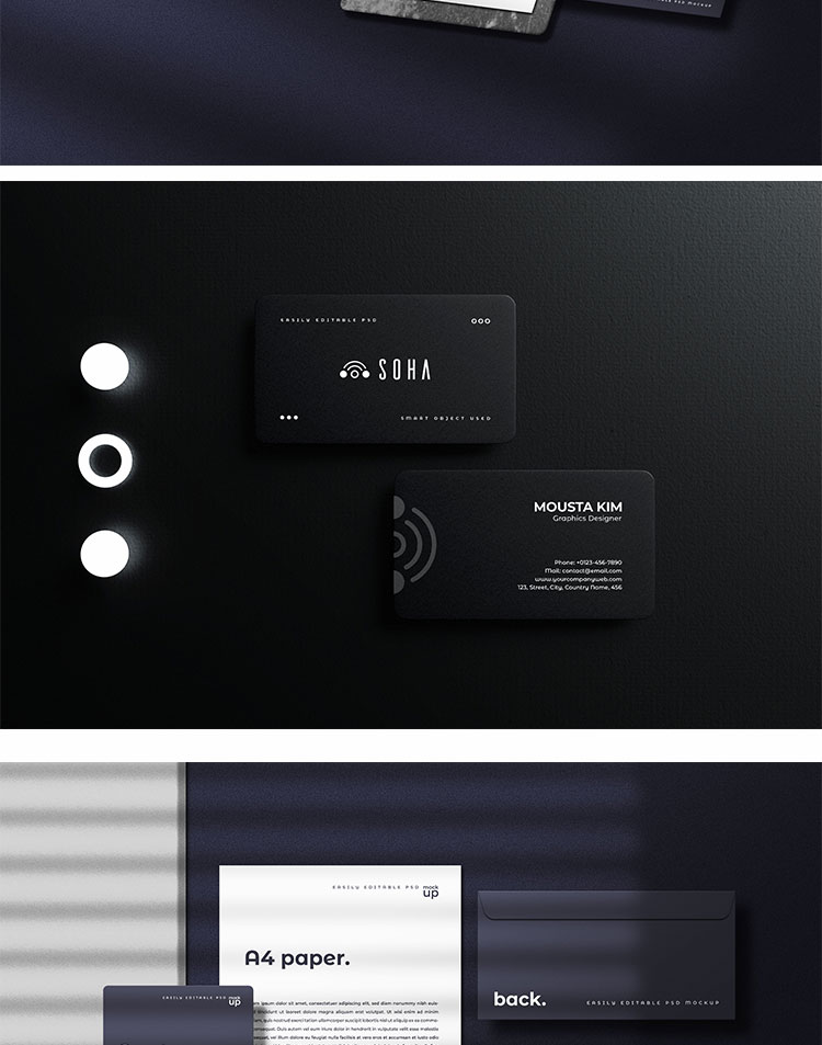 高端黑色办公用品名片信封卡片VI智能贴图样机PSD设计模板 图片素材 第4张