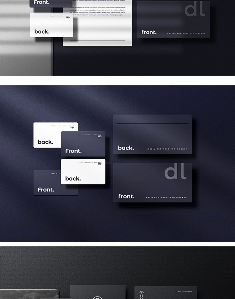 高端黑色办公用品名片信封卡片VI智能贴图样机PSD设计模板 图片素材 第5张