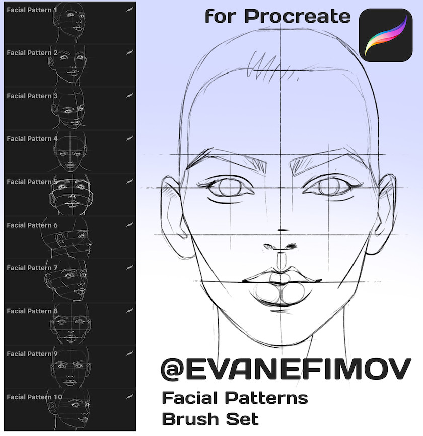 procreate笔刷-人像面部辅助线笔刷素材资源 笔刷资源 第1张