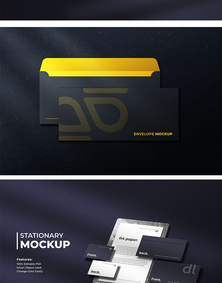 高端黑色办公用品名片信封卡片VI智能贴图样机PSD设计模板 图片素材 第3张