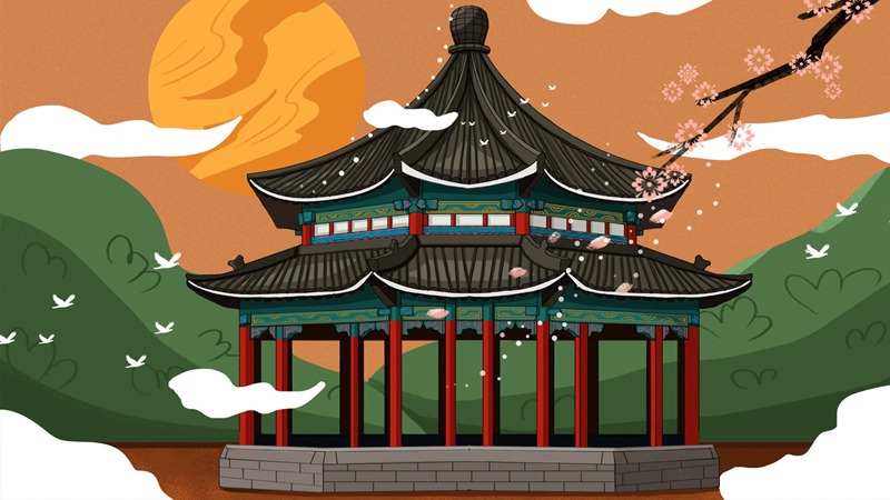 中国风中式古典国潮手绘风景古建筑鱼龙海报插画PSD模板 图片素材 第4张