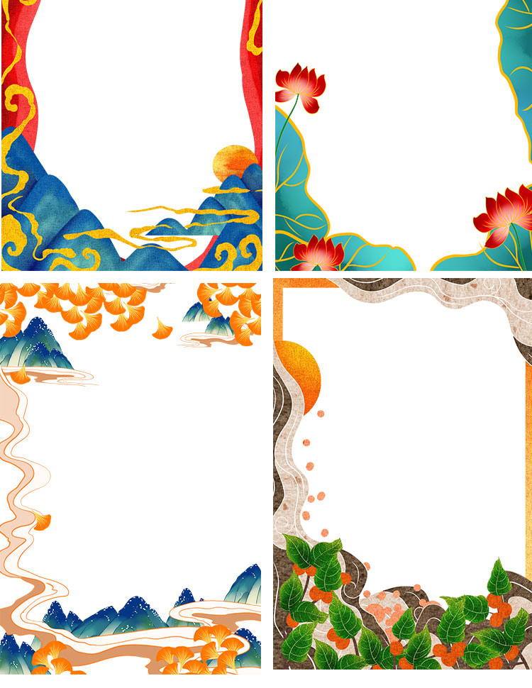 国潮手绘古风海浪花朵祥云装饰边框相框PSD素材模板 图片素材 第12张