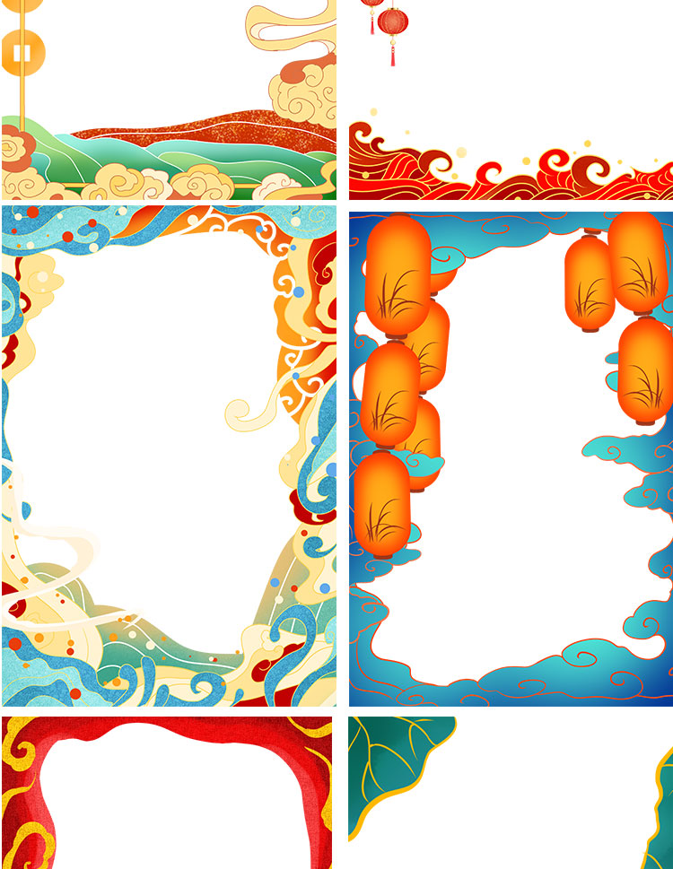 国潮手绘古风海浪花朵祥云装饰边框相框PSD素材模板 图片素材 第11张