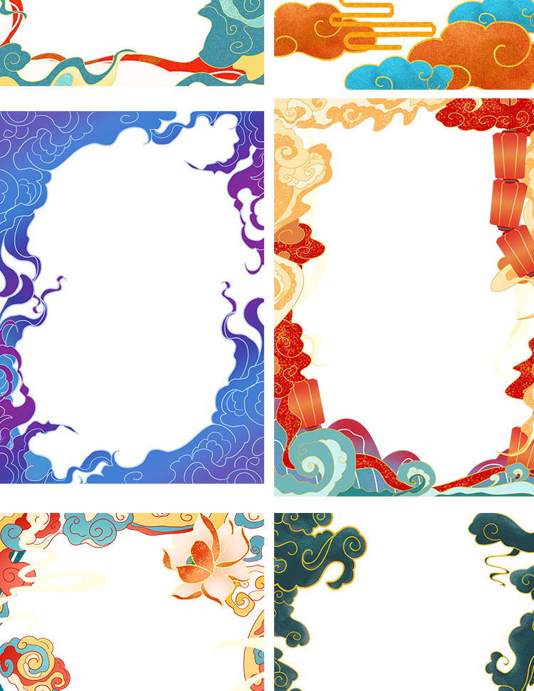国潮手绘古风海浪花朵祥云装饰边框相框PSD素材模板 图片素材 第7张