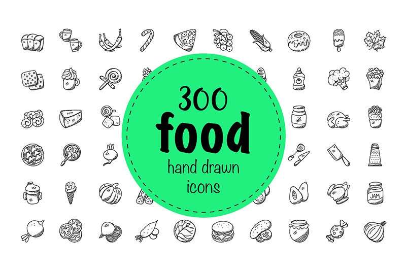 300枚食物手绘图标，AI源文件 图标素材 第1张