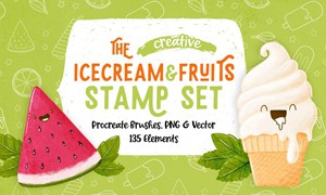 Procreate笔刷-冰淇淋和水果插画图案笔刷素材下载