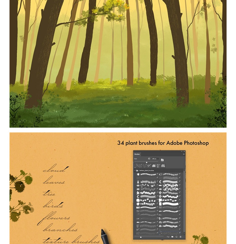 34款森林剪影植物树叶灌木花朵草外景水墨插画手绘基础ps笔刷绘画素材 笔刷资源 第6张