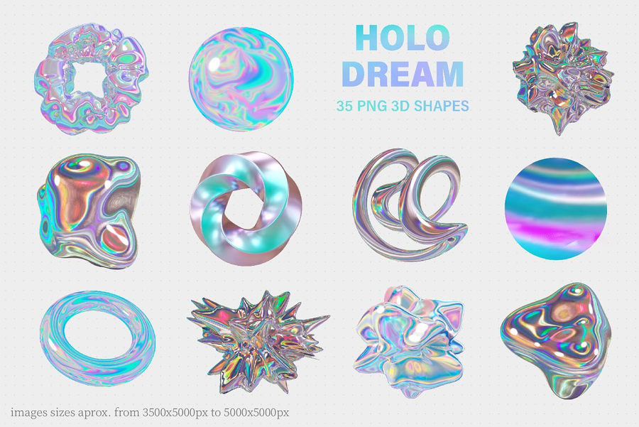 PNG素材-HOLO全息彩虹色3D几何有机形状图形元素 图片素材 第3张