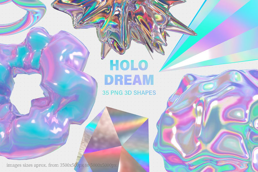 PNG素材-HOLO全息彩虹色3D几何有机形状图形元素 图片素材 第1张