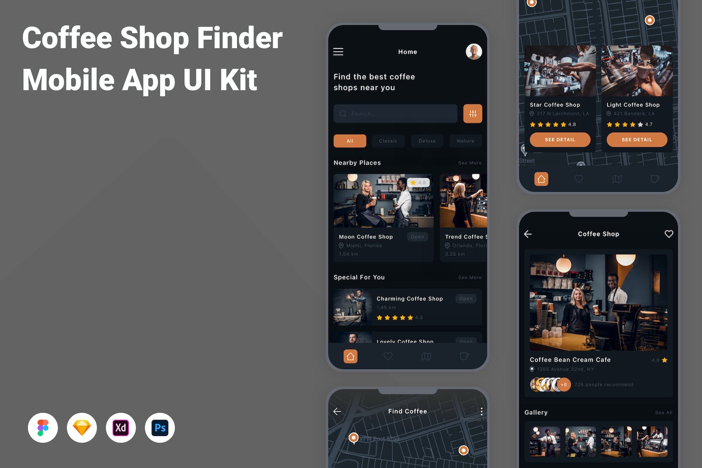 咖啡店查找移动应用程序App设计UI模板 Coffee Shop Finder Mobile App UI Kit APP UI 第1张