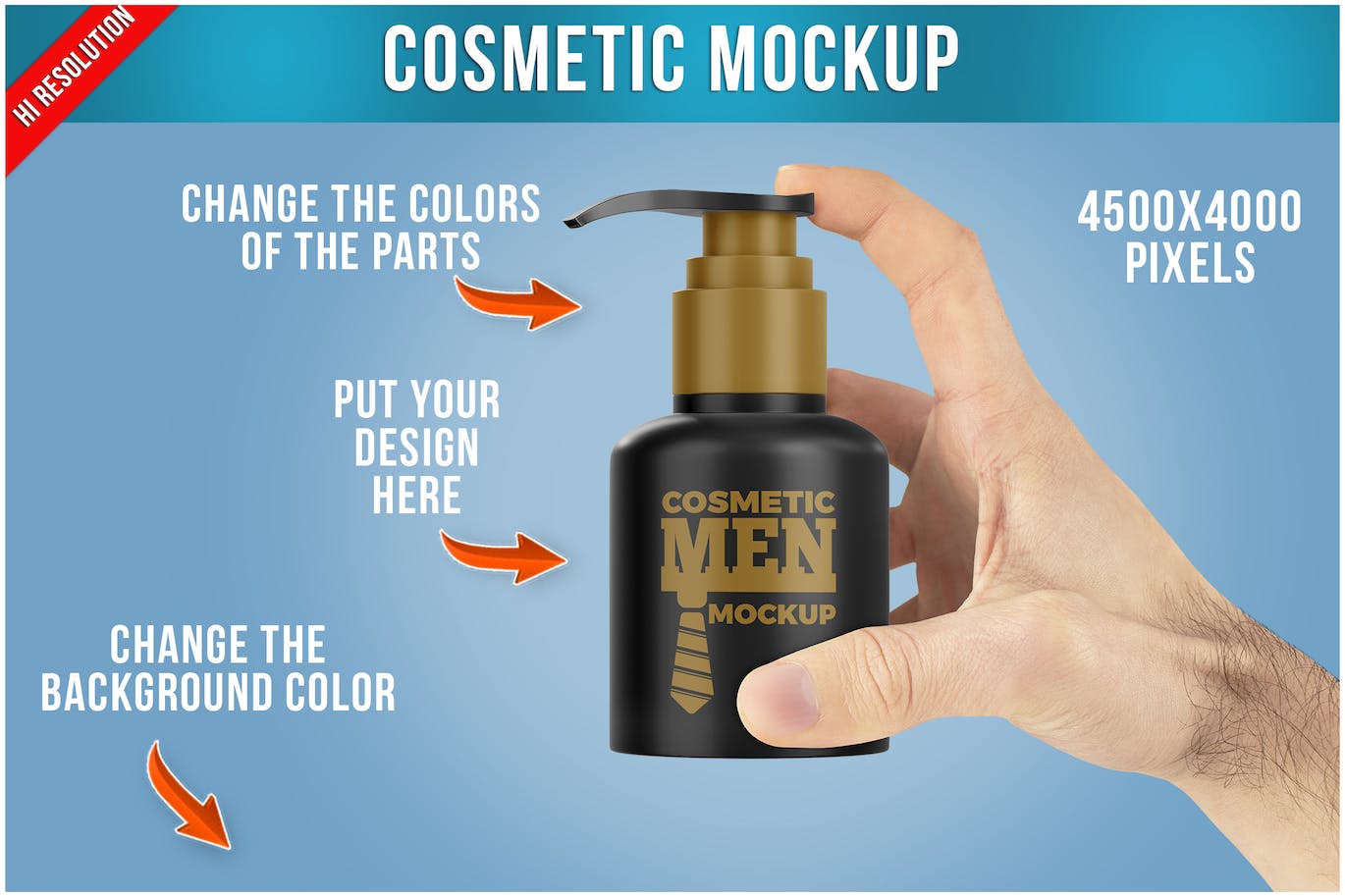 手拿化妆品按压瓶包装设计PSD样机 Cosmetic Pump in Hand Mockup PSD 样机素材 第1张