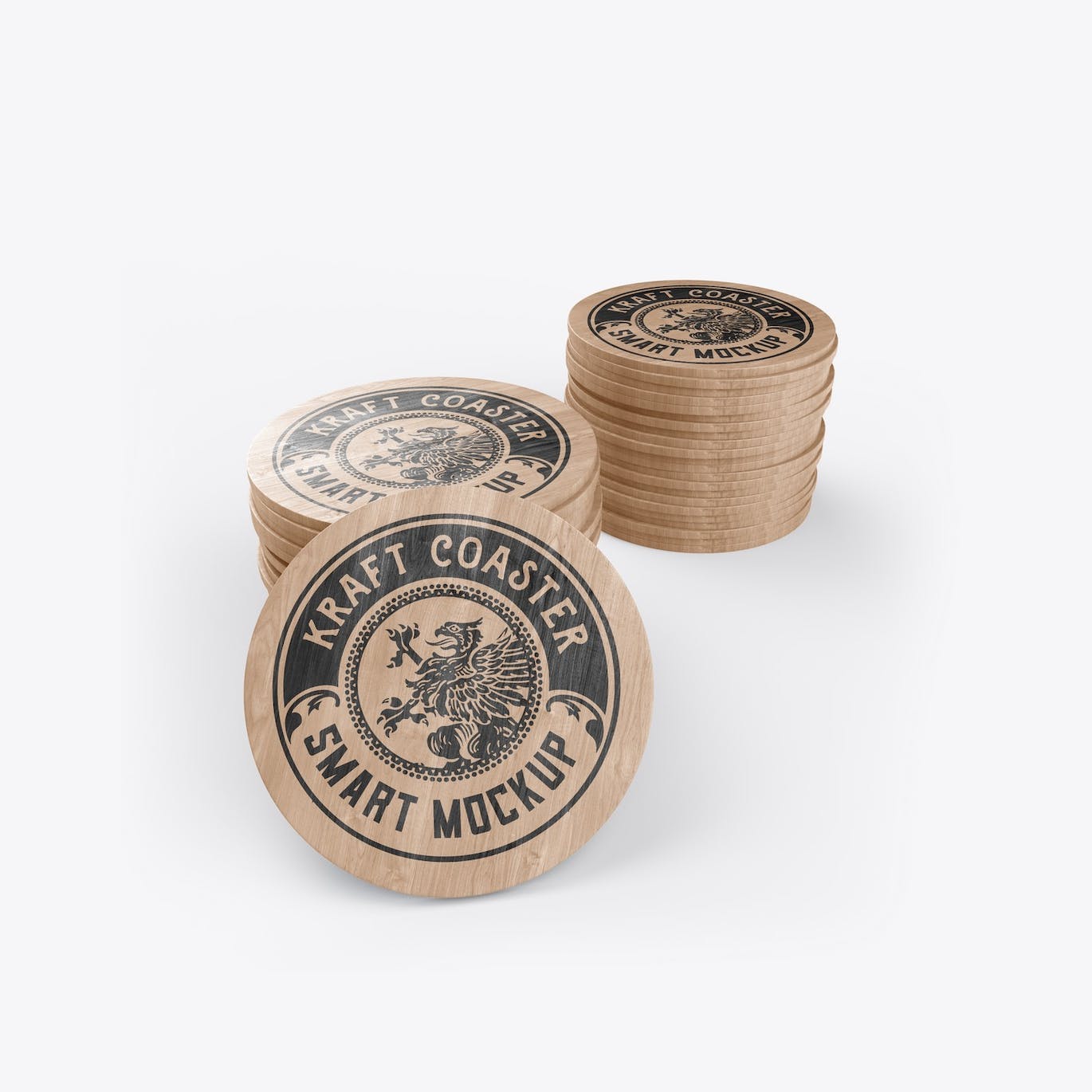 木制圆形杯垫Logo设计样机 Set Round Wooden Coaster Mockup 样机素材 第15张