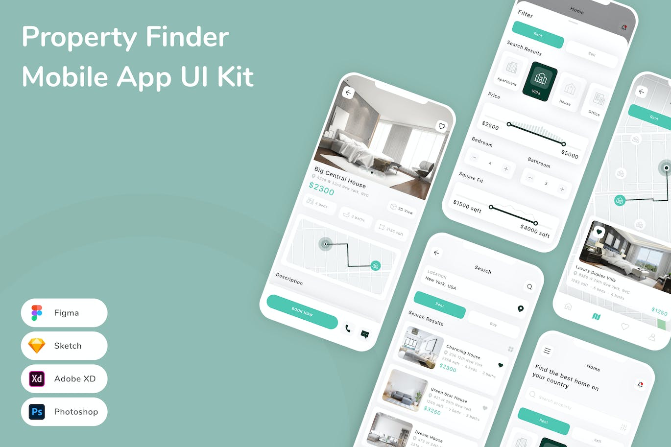 物业房屋搜索App应用程序UI设计模板套件 Property Finder Mobile App UI Kit APP UI 第1张