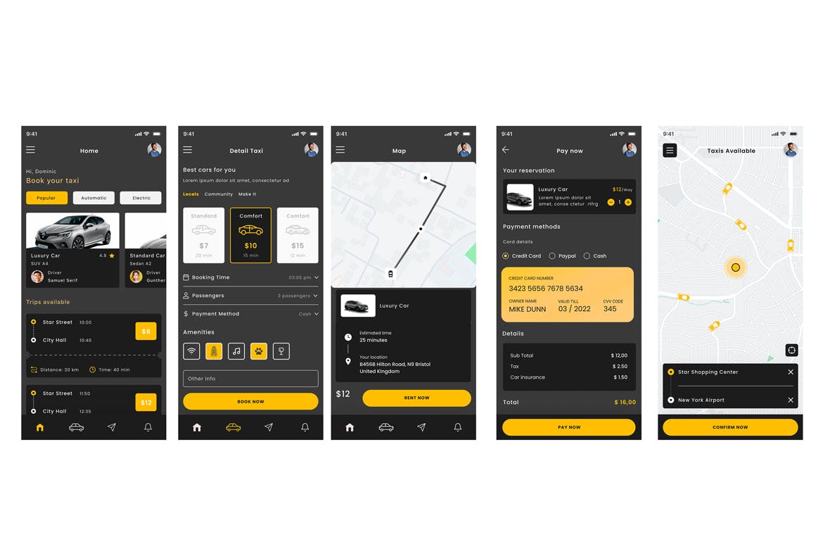 出租车预订服务和乘车司机App应用程序UI模板 Taxi Booking Services & Ride Driver Black App UI APP UI 第2张