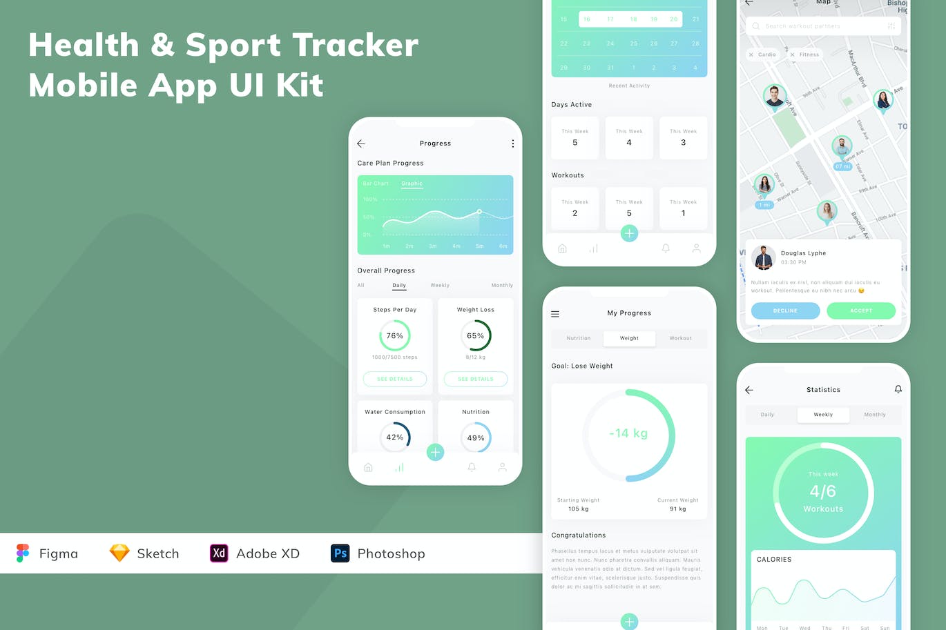 健康&运动跟踪App应用程序UI设计模板套件 Health & Sport Tracker Mobile App UI Kit APP UI 第1张