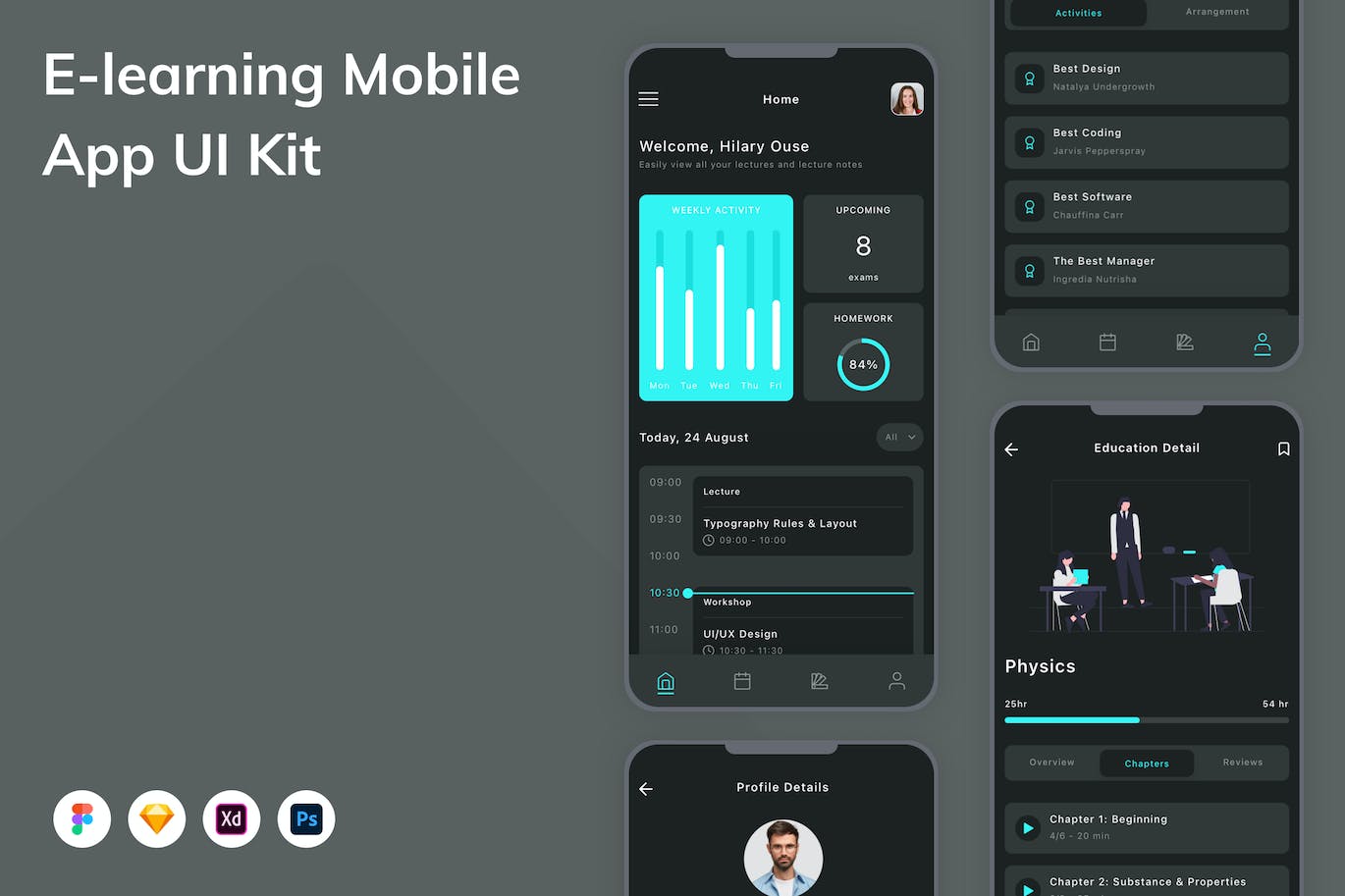 在线学习平台App应用程序UI设计模板套件 E-learning Mobile App UI Kit APP UI 第1张