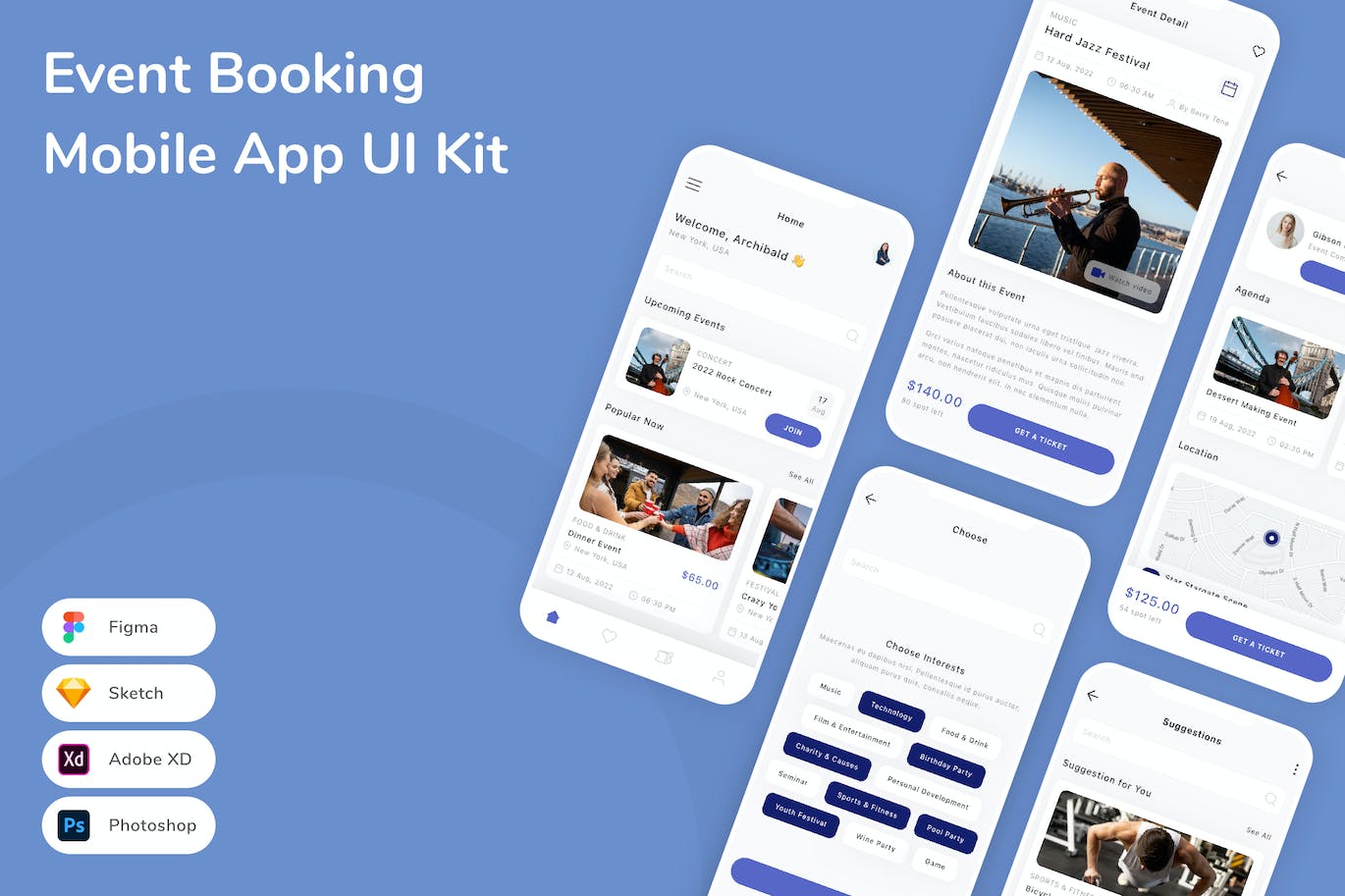 演出活动预订App应用程序UI设计模板套件 Event Booking Mobile App UI Kit APP UI 第1张