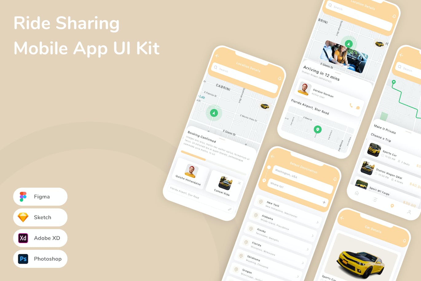乘车拼车共享App应用程序UI设计模板套件 Ride Sharing Mobile App UI Kit APP UI 第1张