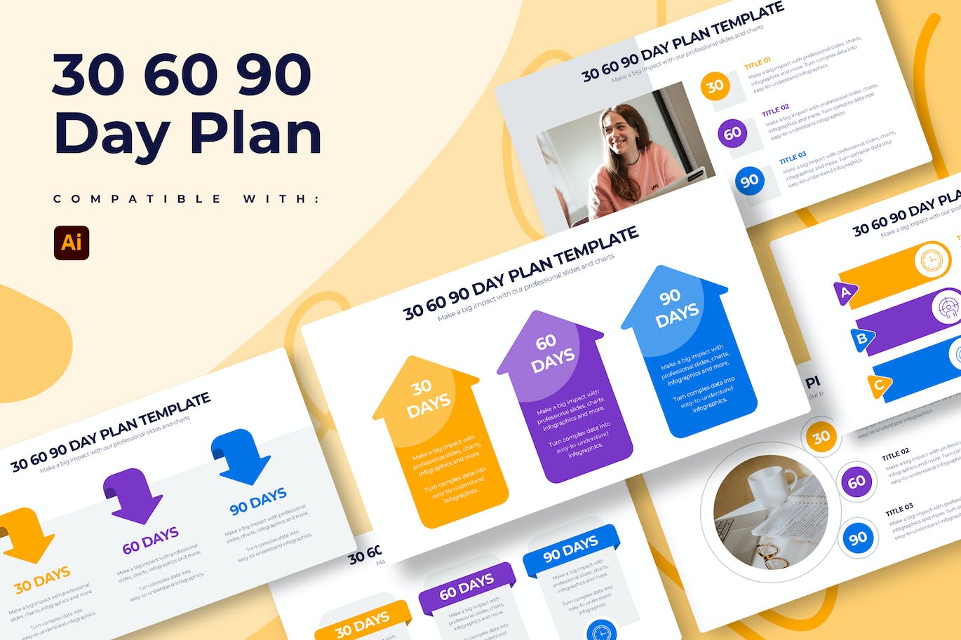 时间计划信息图表矢量模板 Business 30 60 90 Day Plan Illustrator Infographic 幻灯图表 第1张