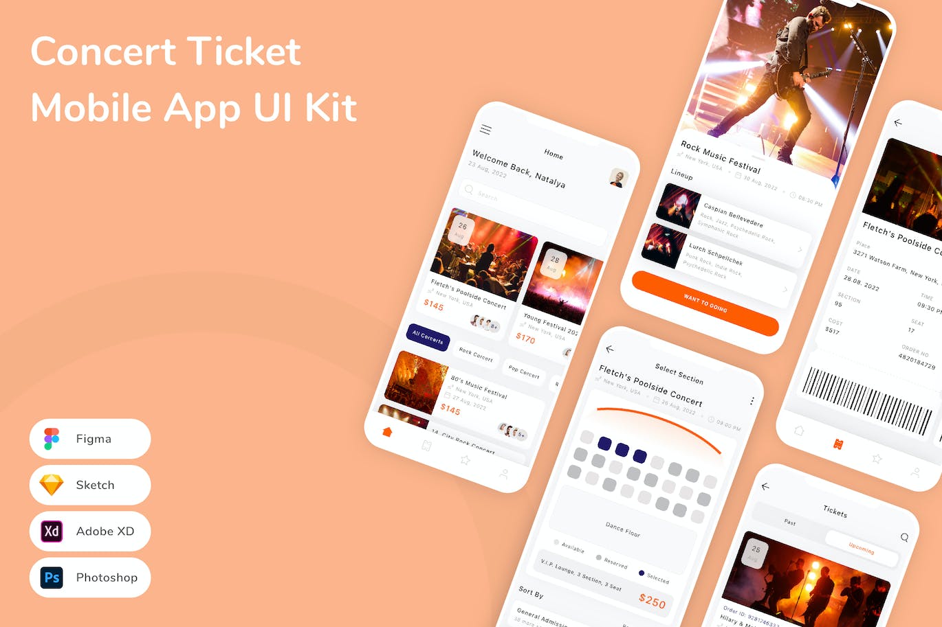 音乐会门票App应用程序UI设计模板套件 Concert Ticket Mobile App UI Kit APP UI 第1张