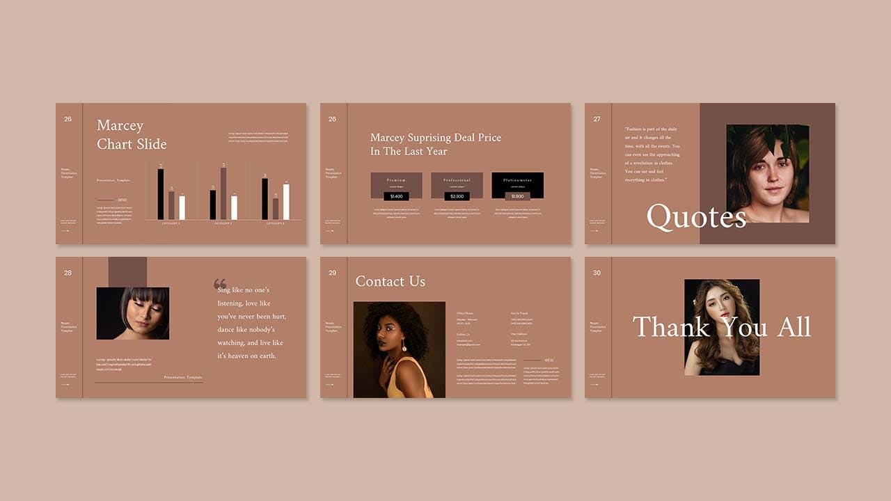 咖啡色美容品牌PPT设计模板 Marcey – Business Presentation PowerPoint Template 幻灯图表 第2张