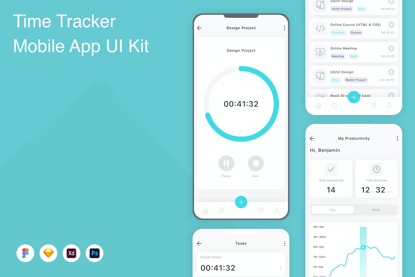时间追踪/管理移动应用程序App设计UI模板 Time Tracker Mobile App UI Kit APP UI 第1张