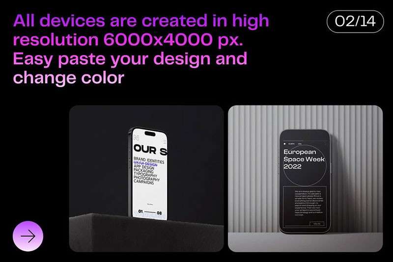 iPhone14 Pro手机暗色场景样机模板PSD 样机素材 第2张