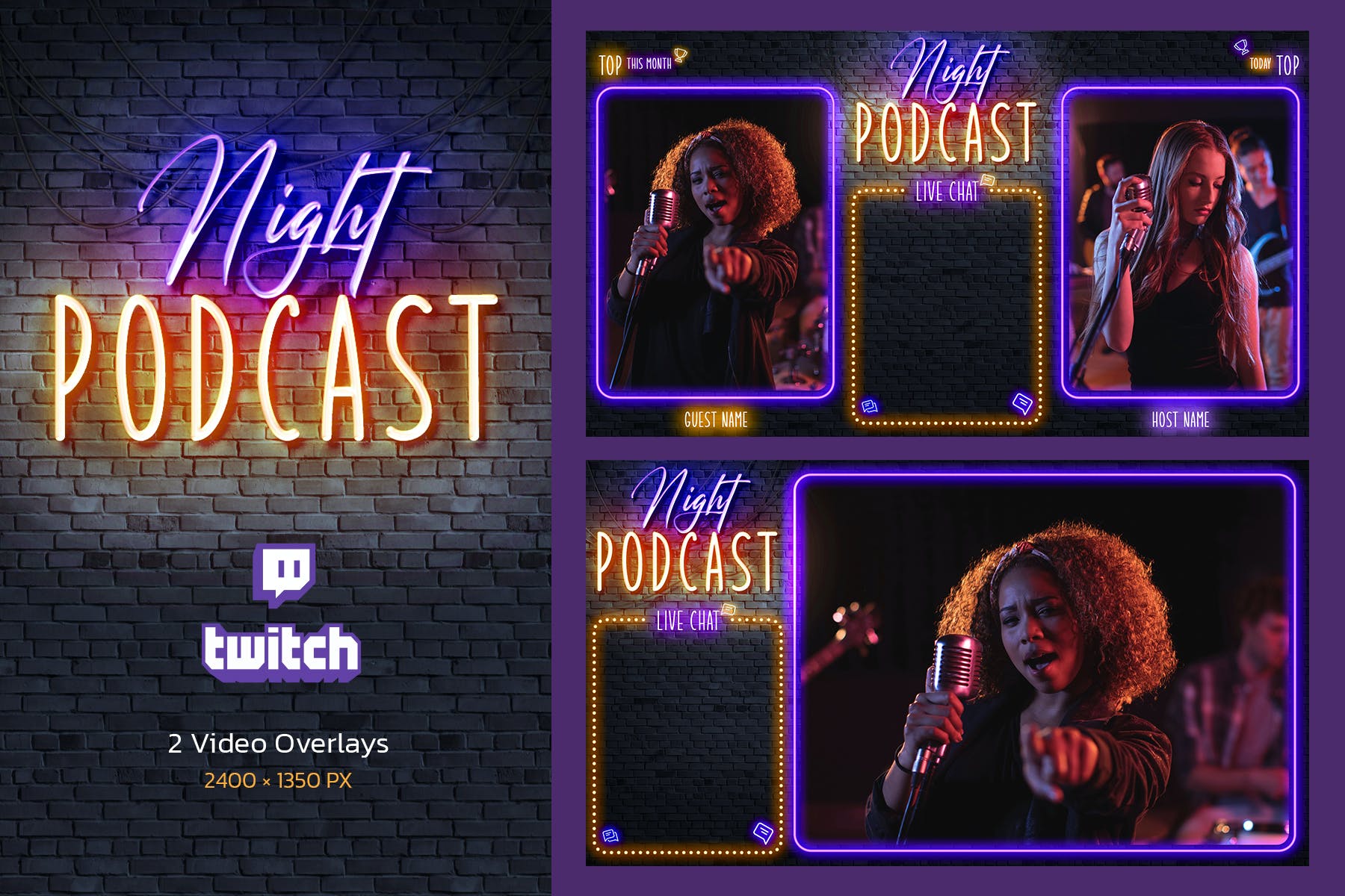 深夜音乐频道Twitch平台界面设计模板 Night Podcast – Twitch Overlay 设计素材 第1张