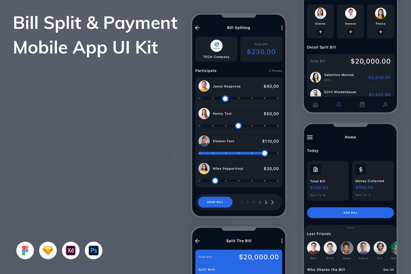 账单拆分和付款移动应用程序App设计UI模板 Bill Split & Payment Mobile App UI Kit APP UI 第1张