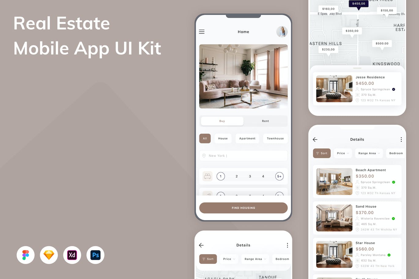 房地产平台App应用程序UI设计模板套件 Real Estate Mobile App UI Kit APP UI 第1张