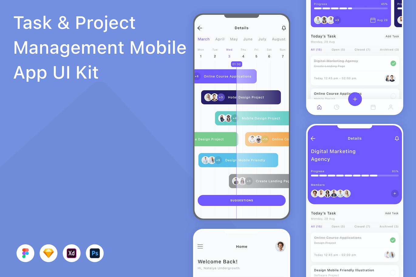 任务和项目管理App应用程序UI设计模板套件 Task & Project Management Mobile App UI Kit APP UI 第1张