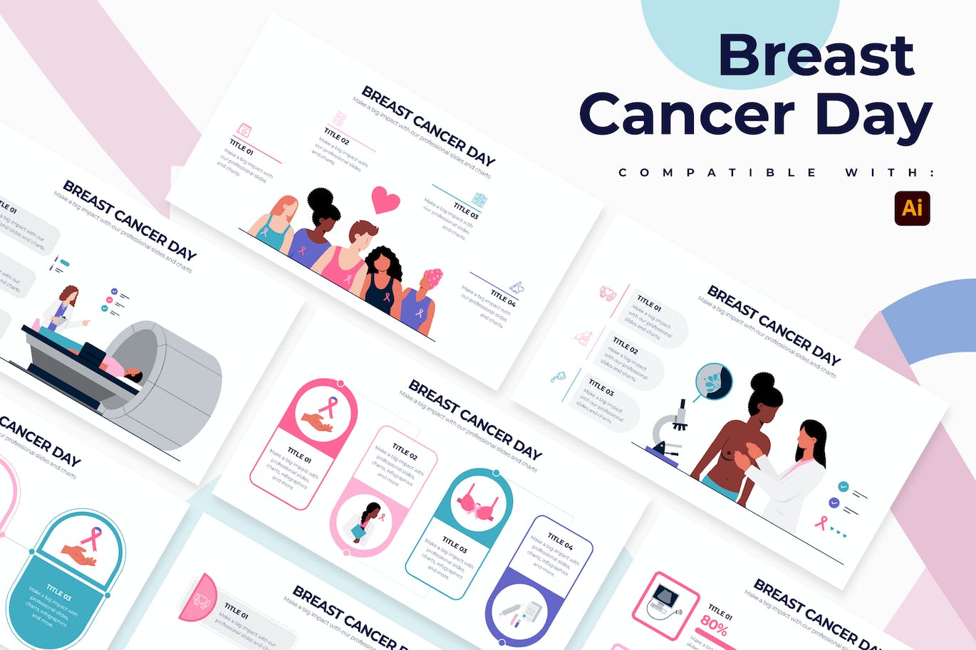 乳腺癌日信息图表矢量模板 Breast Cancer Day Illustrator Infographics 幻灯图表 第1张