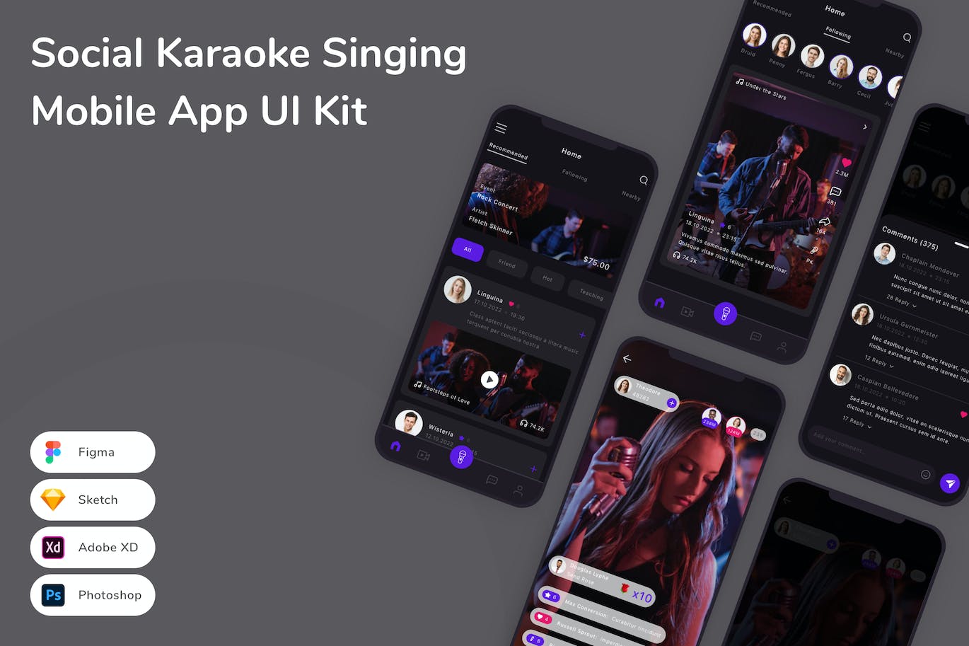 社交K歌App应用程序UI设计模板套件 Social Karaoke Singing Mobile App UI Kit APP UI 第1张