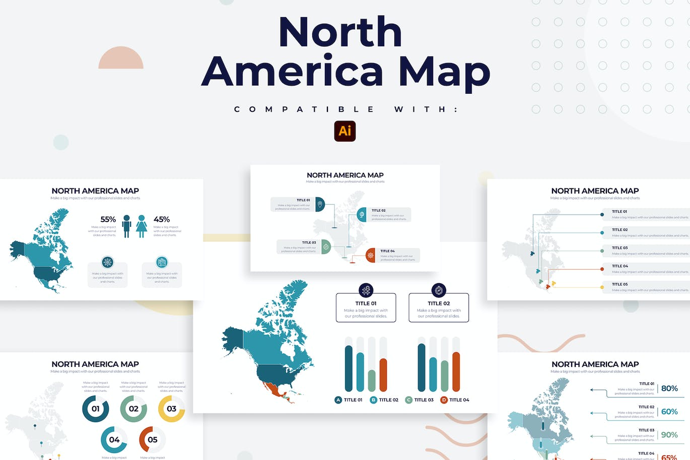 北美地图信息图表矢量模板 North America Map Illustrator Infographics 幻灯图表 第1张