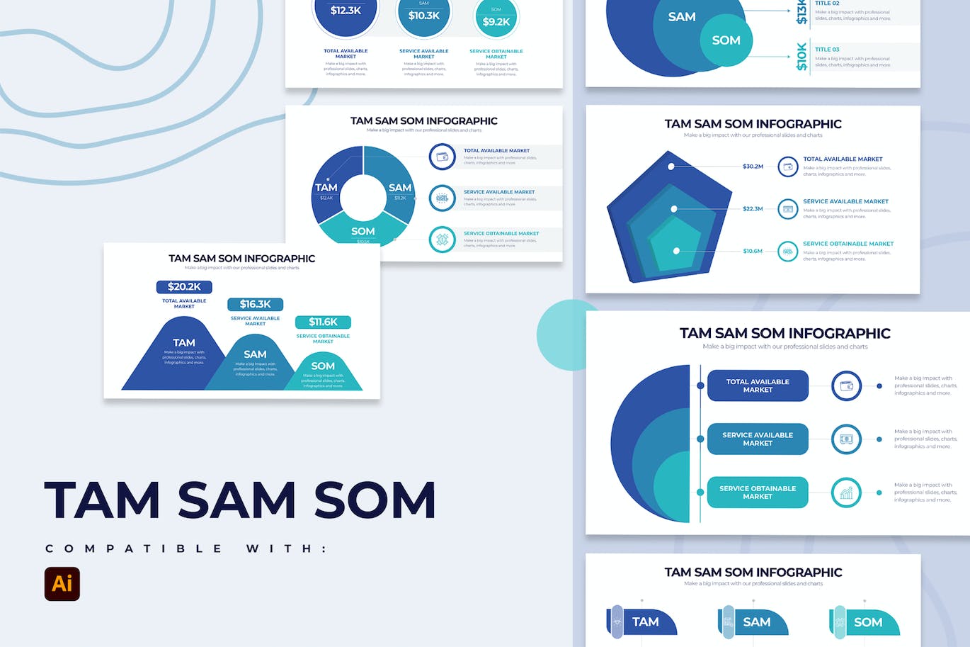 TAM SAM SOM商业市场信息图表矢量模板 Business TAM SAM SOM Illustrator Infographics 幻灯图表 第1张