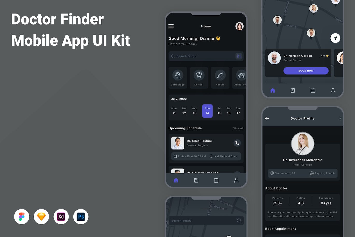 医生查找App应用程序UI设计模板套件 Doctor Finder Mobile App UI Kit APP UI 第1张