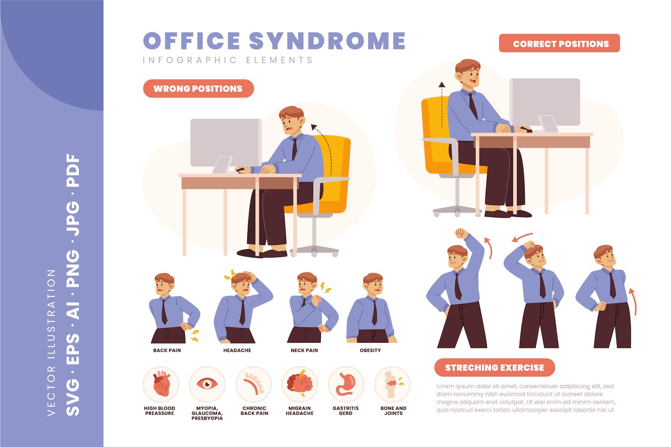 办公室综合症信息图表演示设计模板 Office Syndrome Infographic Presentation Design 幻灯图表 第1张